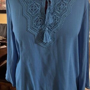 RUBY RD. WOMAN'S SIZE 18 BLUE PULLOVER TOP 3/4 SLEEVES BLOUSE VISCOSE TASSEL